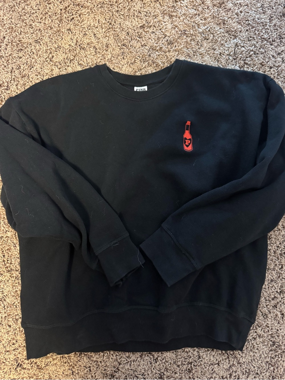 PINK Victoria's Secret Black Crewneck Sweatshirt with Red Bottle Emblem